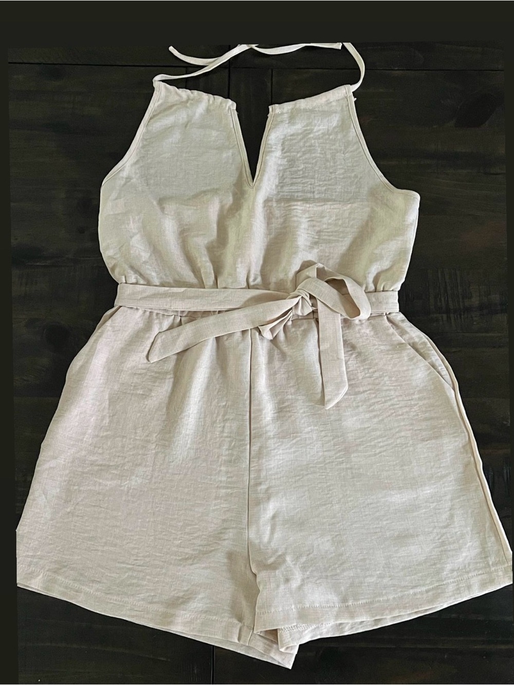 Women’s Tie-Waist One-Piece Romper in beige color